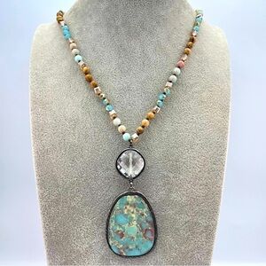 Artisan Amazonite & Jasper Beaded Necklace w/ Turquoise Matrix Pendant